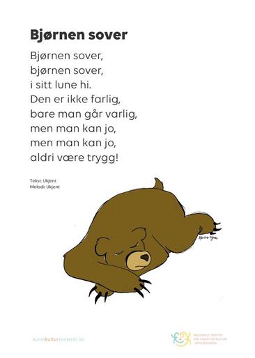 Sangtekst til "Bjørnen sover", og illustrasjon av en bjørn.