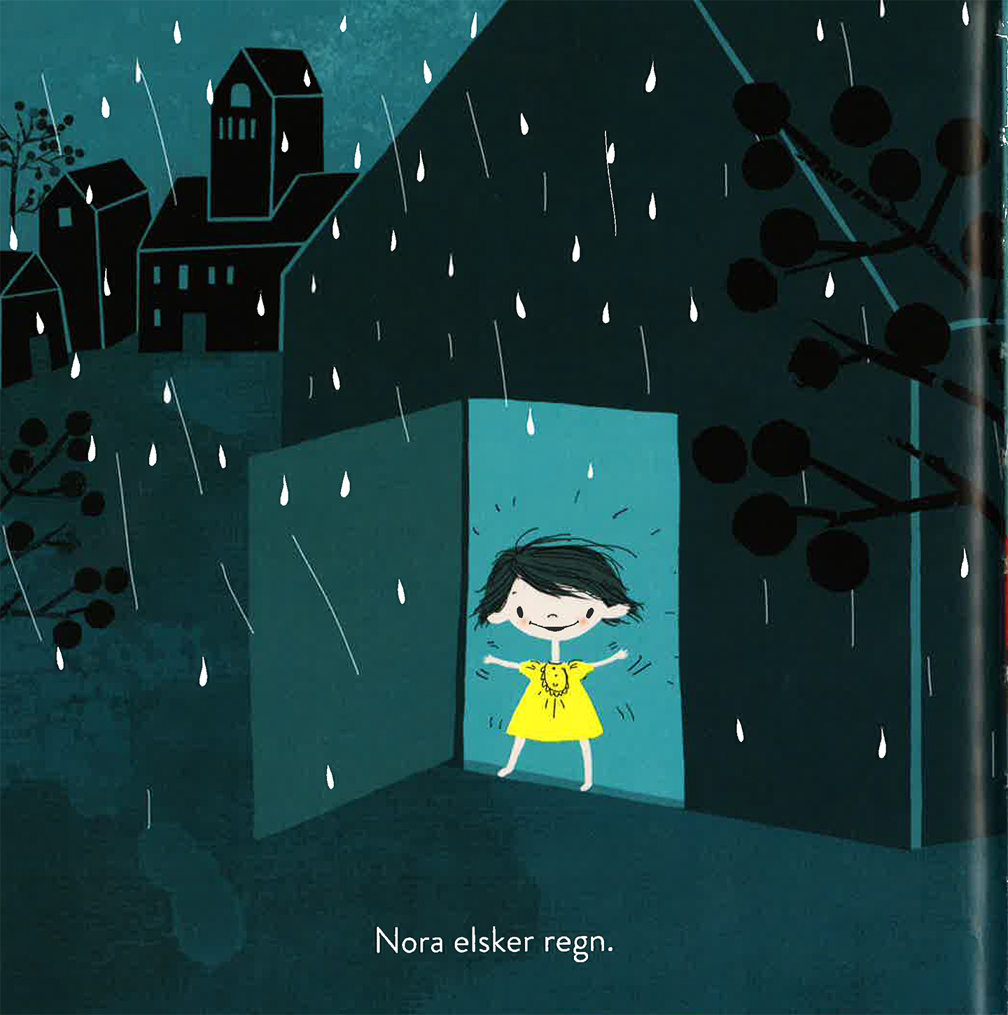 Illustrasjon av glad jente som står i døra og ser på regnet