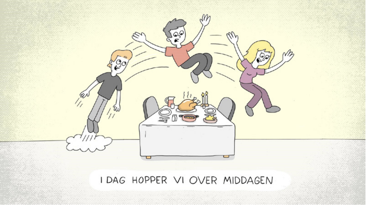 Tre barn som fysisk hopper over et middagsbord med mat, og en tekst som sier "I dag hopper vi over middagen".